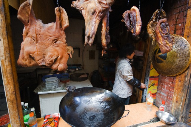 China, Hunan Province, Fenghuang, skinned pig face in a local restaurant