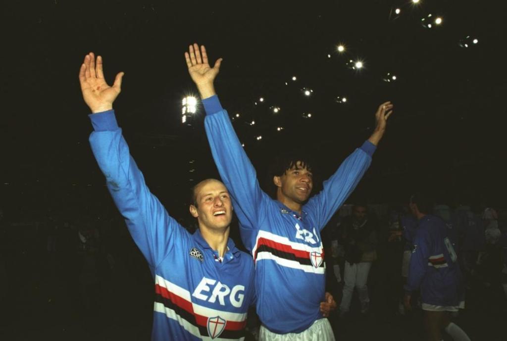 20 Apr 1994: Ruud Gullit (right) and Atilio Lombardo (left) of Sampdoria celebrate after the Copa Italia match against Ancona in Italy. Sampdoria won the match 6-1. Mandatory Credit: Clive Brunskill/Allsport