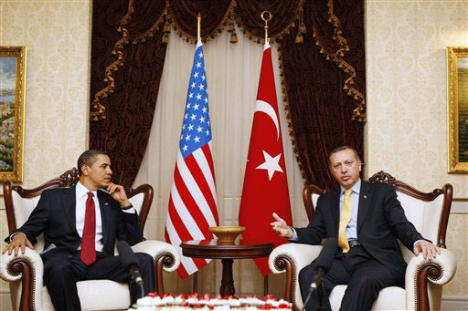 President Barack Obama meets Turkish Prime Minister Recep Tayyip Erdogan in Ankara, Turkey, Monday, April 6, 2009. (AP Photo/Charles Dharapak)