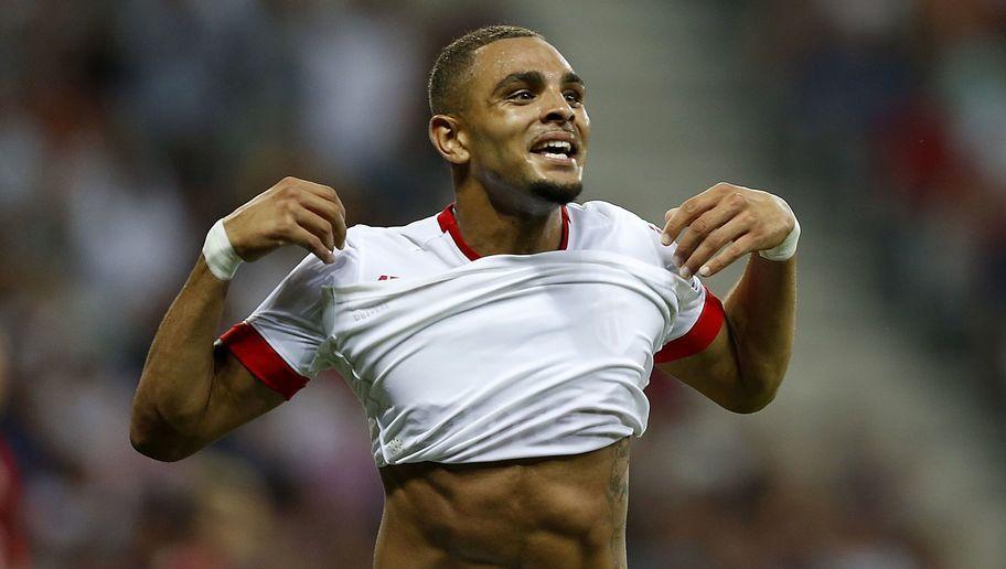 Monaco's French defender Layvin Kurzawa celebrates after scoring his team's second goal during the French L1 football match between Nice and Monaco at the Allianz Riviera stadium in Nice, southeastern France, on August 8, 2015. AFP PHOTO / VALERY HACHE (Photo credit should read VALERY HACHE/AFP/Getty Images)