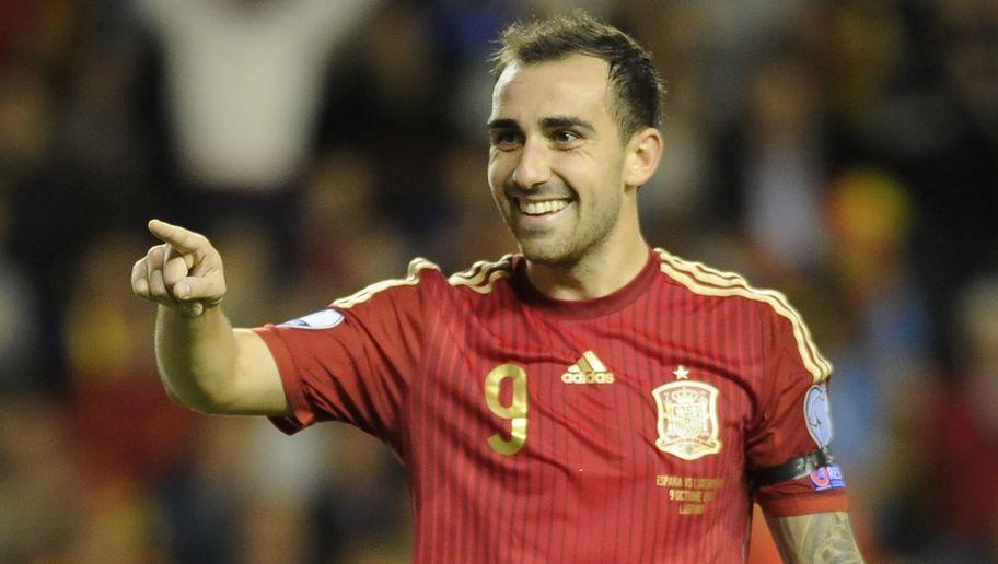 Spain's forward Paco Alcacer celebrates after scoring during the Euro 2016 qualifying football match Spain vs Luxembourg at Las Gaunas stadium in Logrono on October 9, 2015. AFP PHOTO/ ANDER GILLENEA (Photo credit should read ANDER GILLENEA/AFP/Getty Images)