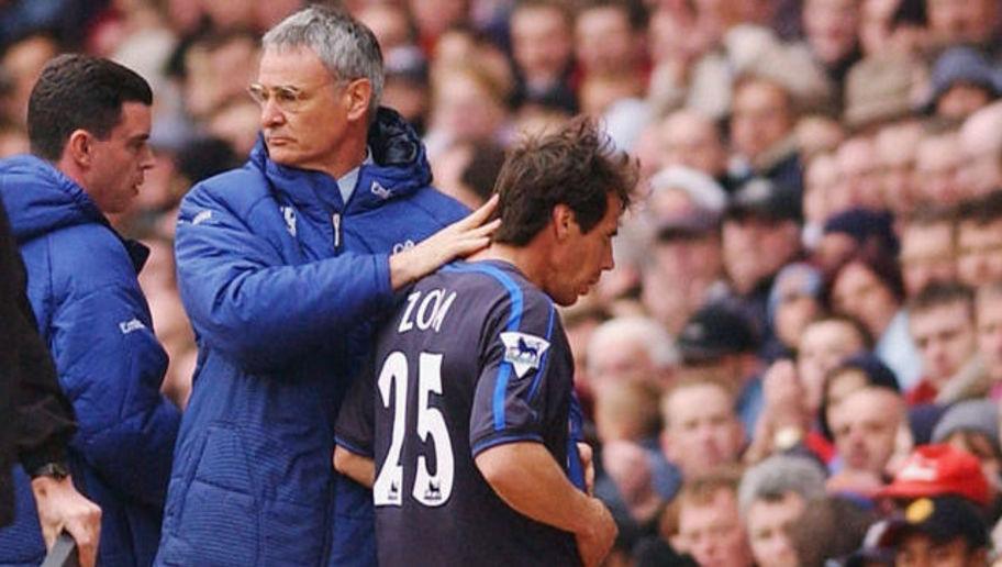 BIRMINGHAM - APRIL 19: Chelsea manager Claudio Ranieri consoles Gianfranco Zola after being substituting him during the FA Barclaycard Premiership match between Aston Villa and Chelsea at Villa Park on April 19, 2003 in Birmingham, England. (Photo by Stu Forster/Getty Images)