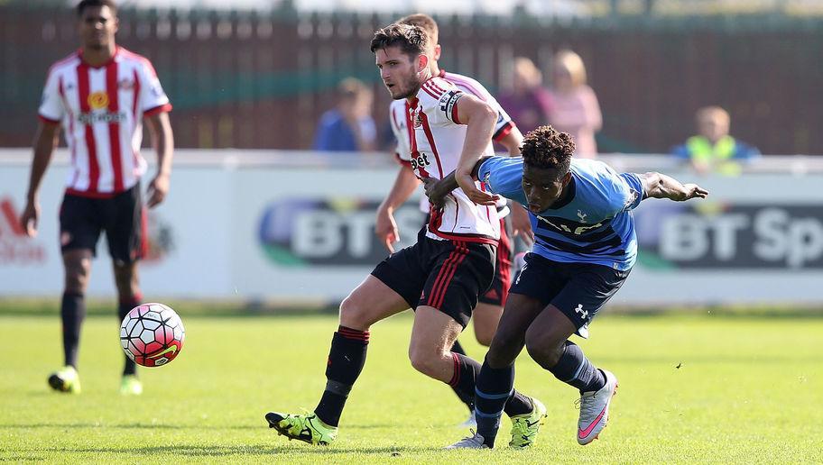 SUNDERLAND, ENGLAND - AUGUST 23:  Joshua Onomah of Spurs battles with Liam Agnew of Sunderland during the Barclays U21 Premier League match between Sunderland U21 and Tottenham Hotspur U21 at Eppleton Colliery Welfare ground on August 23, 2015 in Sunderland, England.  (Photo by Jan Kruger/Getty Images)