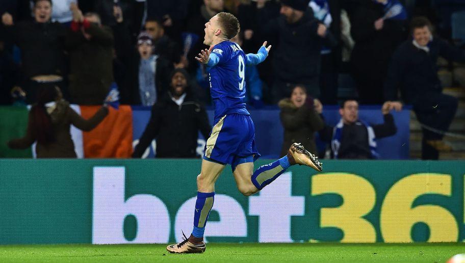 Leicester City's English striker Jamie Vardy celebrates after scoring the opening goal of the English Premier League football match between Leicester City and Liverpool at King Power Stadium in Leicester, central England on February 2, 2016. Jamie Vardy scored both goal in Leicester's 2-0 win. / AFP / Ben STANSALL / RESTRICTED TO EDITORIAL USE. No use with unauthorized audio, video, data, fixture lists, club/league logos or 'live' services. Online in-match use limited to 75 images, no video emulation. No use in betting, games or single club/league/player publications.  /         (Photo credit should read BEN STANSALL/AFP/Getty Images)