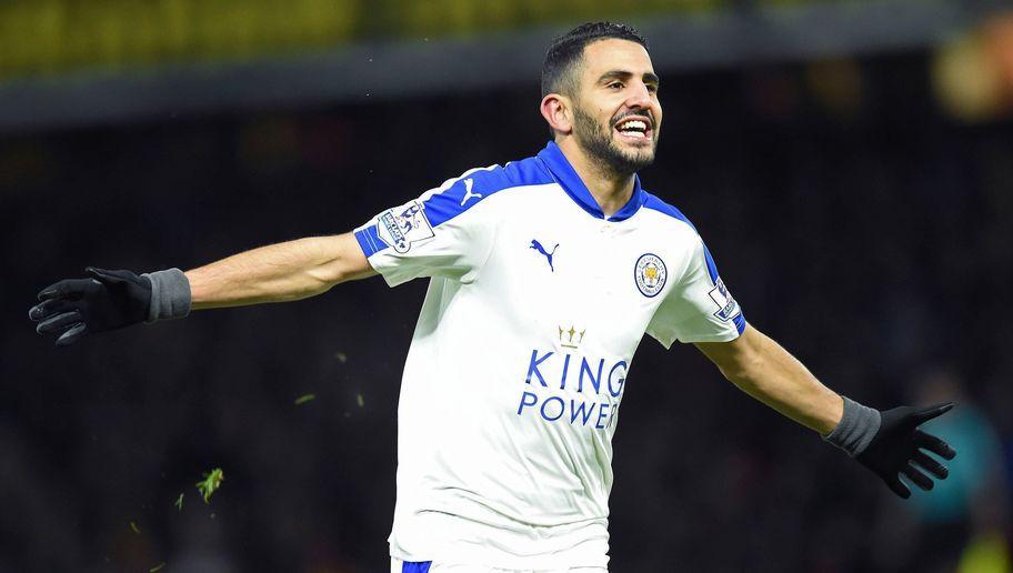 Leicester City's Algerian midfielder Riyad Mahrez celebrates scoring his team's first goal during the English Premier League football match between Watford and Leicester City at Vicarage Road Stadium in Watford, north of London on March 5, 2016. / AFP / OLLY GREENWOOD / RESTRICTED TO EDITORIAL USE. No use with unauthorized audio, video, data, fixture lists, club/league logos or 'live' services. Online in-match use limited to 75 images, no video emulation. No use in betting, games or single club/league/player publications.  /         (Photo credit should read OLLY GREENWOOD/AFP/Getty Images)