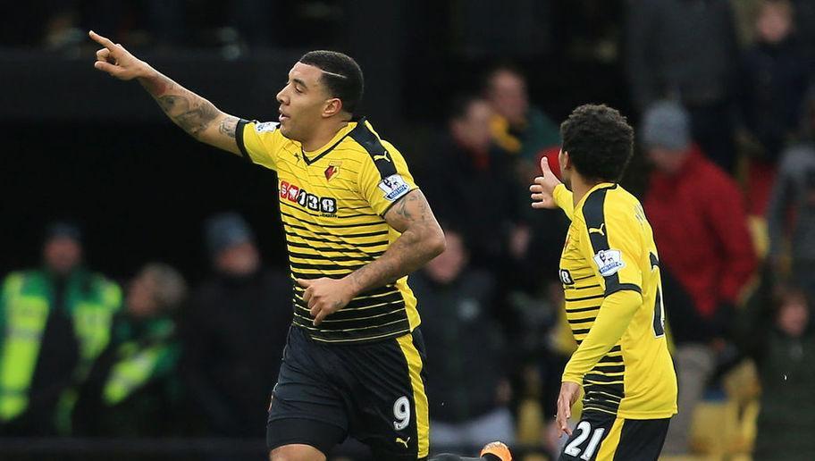 WATFORD, ENGLAND - MARCH 19: Troy Deeney (L) of Watford celebrates scoring his team's first goal  during the Barclays Premier League match between Watford and Stoke City at Vicarage Road on March 19, 2016 in Watford, United Kingdom.  (Photo by Stephen Pond/Getty Images)