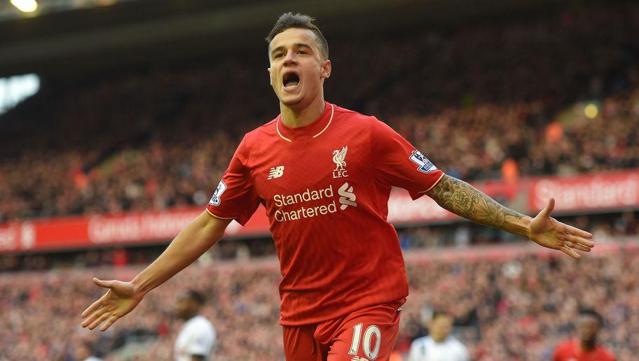 LIVERPOOL, ENGLAND - APRIL 02:  Philippe Coutinho of Liverpool celebrates scoring his team's first goal during the Barclays Premier League match between Liverpool and Tottenham Hotspur at Anfield on April 2, 2016 in Liverpool, England.  (Photo by Michael Regan/Getty Images)