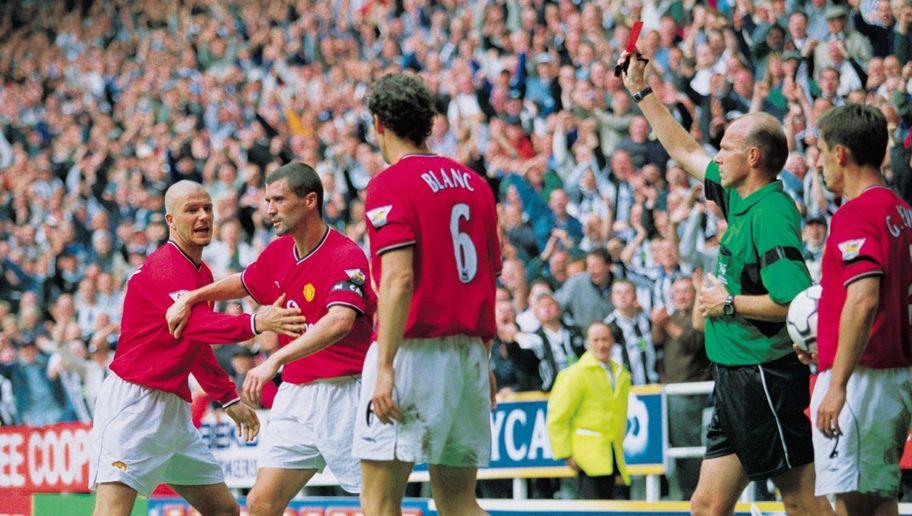 15 Sep 2001:  Man Utd Captain Roy Keane is shown the red card during the FA Barclaycard Premiership match between Newcastle United and Manchester United played at St. James Park in Newcastle, England.  Newcastle won the match 4 - 3.  Mandatory Credit: Gary M Prior /Allsport