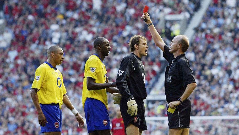 MANCHESTER, ENGLAND - SEPTEMBER 21:  Patrick Vieira of Arsenal is sent off by referee Steve Bennett during the FA Barclaycard Premiership match between Manchester United and Arsenal at Old Trafford on September 21, 2003 in Manchester, England. (Photo by Shaun Botterill/Getty Images)