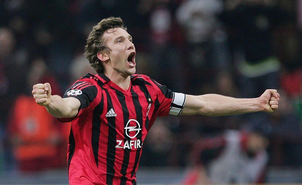 MILAN, ITALY - APRIL 04: Andriy Shevchenko of AC Milan celebrates victory at the end of the UEFA Champions League Quarter Final Second Leg match between AC Milan and Lyon at the San Siro Stadium on April 4, 2006 in Milan, Italy. (Photo by Laurence Griffiths/Getty Images)