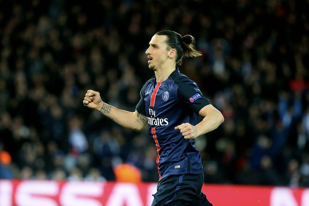 PARIS, FRANCE - APRIL 06: Zlatan Ibrahimovic of Paris Saint-Germain celebrates his goal during the UEFA Champions League Quarter Final (first leg) between Paris Saint-Germain and Manchester City FC at Parc Des Princes on april 06, 2016 in Paris, France. (Photo by Xavier Laine/Getty Images)