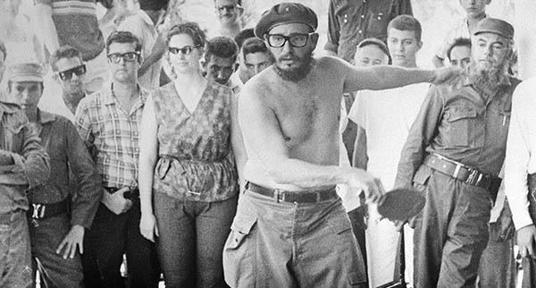 (Original Caption) Cuban leader Fidel Castro displays a mean backhand, and a bare midsection, as he plays a game of Ping-Pong with one of the American students who traveled to the Communist island without the permission of the State Department. This photo, taken by one of the students, John Salter, Greensboro, North Carolina, a former University of North Carolina student, was made available to UPI exclusively by the Daily Tar Heel, student newspaper of the University.