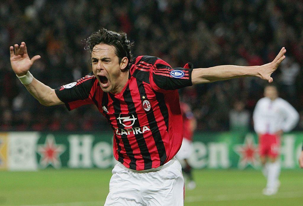 MILAN, ITALY - APRIL 04: Fiippo Inzaghi of AC Milan celebrates scoring the winner with Andriy Shevchenko in persuit during the UEFA Champions League Quarter Final Second Leg match between AC Milan and Lyon at the San Siro Stadium on April 4, 2006 in Milan, Italy. (Photo by Laurence Griffiths/Getty Images)