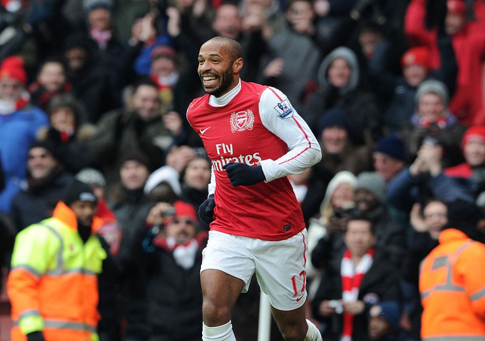 LONDON, ENGLAND - FEBRUARY 04: Thierry Henry of Arsenal celebrates scoring Arsenal's 7th goal during the Barclays Premier League match between Arsenal and Blackburn Rovers at Emirates Stadium on February 04, 2012 in London, England. (Photo by David Price/Arsenal FC via Getty Images)