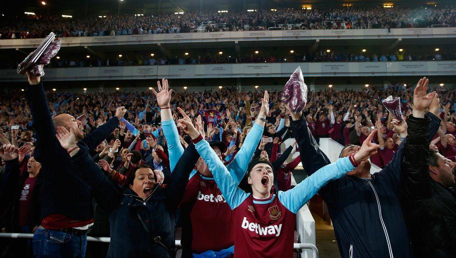 LONDON, ENGLAND - MAY 10: West Ham fans sign during the Barclays Premier League match between West Ham United and Manchester United at the Boleyn Ground on May 10, 2016 in London, England. West Ham United are playing their last ever home match at the Boleyn Ground after their 112 year stay at the stadium. The Hammers will move to the Olympic Stadium for the 2016-17 season. (Photo by Julian Finney/Getty Images)