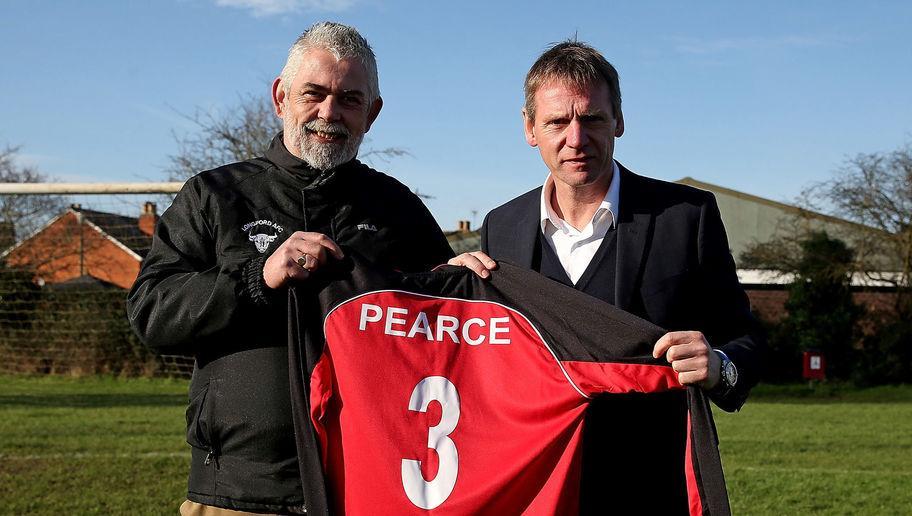 GLOUCESTER, ENGLAND - JANUARY 28: Stuart Pearce is unveiled by Longford AFC manager Nick Dawe after Direct Line stepped in to help fix the fortunes of the team dubbed the worst football club in England, as part of the insurer's #DirectFix campaign on January 28, 2016 in Gloucester, England. (Photo by Ben Hoskins/Getty Images for Direct Line)