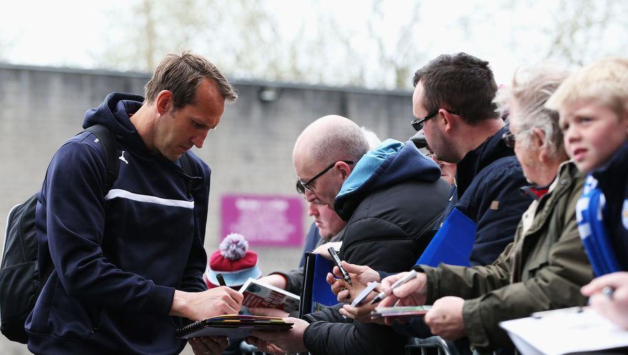 BURNLEY, ENGLAND - APRIL 25: Mark Schwarzer of Leicester City signs autographs prior to the Barclays Premier League match between Burnley and Leicester City at Turf Moor on April 25, 2015 in Burnley, England. (Photo by Jan Kruger/Getty Images)