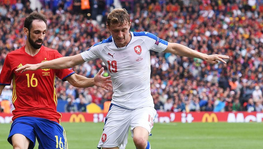 TOULOUSE, FRANCE - JUNE 13: Ladislav Krejci of Czech Republic and Juanfran of Spain compete for the ball during the UEFA EURO 2016 Group D match between Spain and Czech Republic at Stadium Municipal on June 13, 2016 in Toulouse, France.  (Photo by David Ramos/Getty Images)