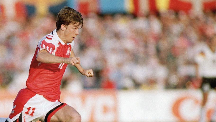 GOTHENBURG, SWEDEN - JUNE 26:  Brian Laudrup of Denmark takes the ball past Guido Buchwald of Germany during the UEFA European Championships 1992 Final between Denmark and Germany held at the Ullevi Stadium on June 26, 1992 in Gothernburg, Sweden. (Photo by Simon Bruty/Allsport/Getty Images)