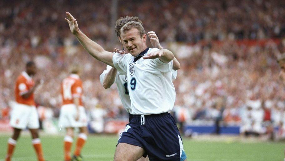 18 Jun 1996:  Alan Shearer of England celebrates his second and England's third goal against Holland in the Group A match at Wembley during the European Football Championships. England beat Holland 4-1.