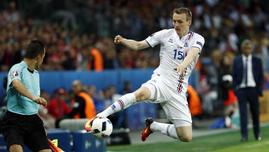 Iceland's forward Jon Dadi Bodvarsson plays the ball during the Euro 2016 group F football match between Portugal and Iceland at the Geoffroy-Guichard stadium in Saint-Etienne on June 14, 2016. / AFP / ODD ANDERSEN        (Photo credit should read ODD ANDERSEN/AFP/Getty Images)