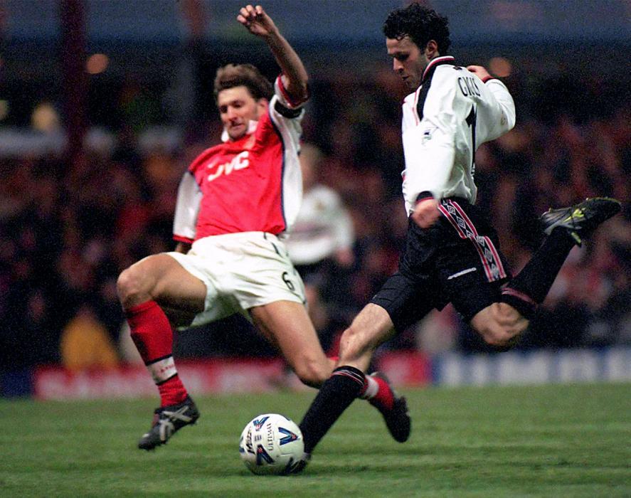 File photo dated 14/4/1999 of Ryan Giggs scores Manchester United's extra time winner, in the FA Cup semi-final replay against Arsenal, at Villa Park. Final Score: Arsenal 1 Man United 2.