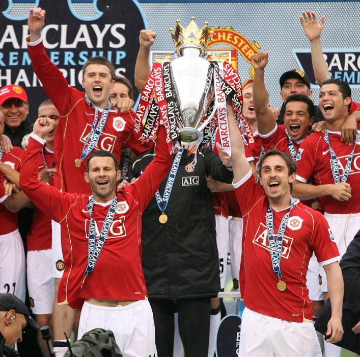 File photo dated 13-05-2007 of Manchester United's Ryan Giggs (left) and Gary Neville (right) lift the trophy following the FA Barclays Premiership match at Old Trafford, Manchester.