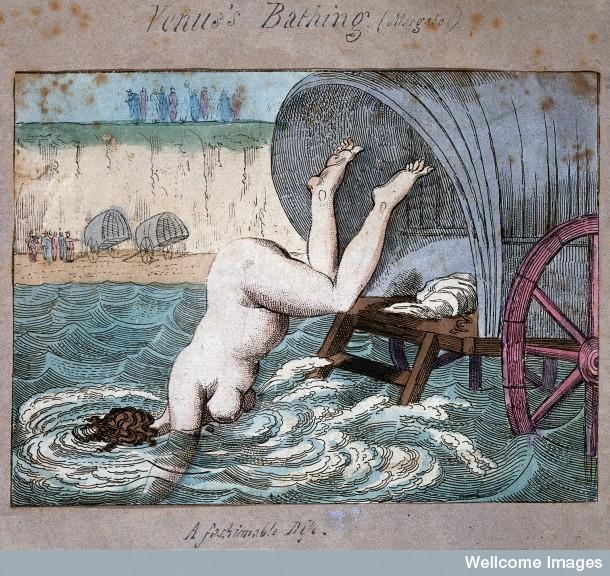 L0017751 A woman diving off a bathing wagon in to the sea. Coloured e Credit: Wellcome Library, London. Wellcome Images images@wellcome.ac.uk http://images.wellcome.ac.uk Venus's Bathing (Margate) A woman diving off a bathing wagon in to the sea Hand-coloured etching 1790 By: Thomas RowlandsonPublished: - Copyrighted work available under Creative Commons by-nc 2.0 UK, see http://images.wellcome.ac.uk/indexplus/page/Prices.html