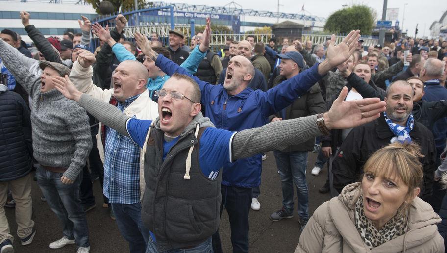 BIRMINGHAM, ENGLAND- OCTOBER 30:  Birmingham City fans sing to the Aston Villa fans as they arrive at St Andrews before the Sky Bet Championship match between Birmingham City and Aston Villa at on October 30, 2016 in Birmingham, England. (Photo by Nathan Stirk/Getty Images)