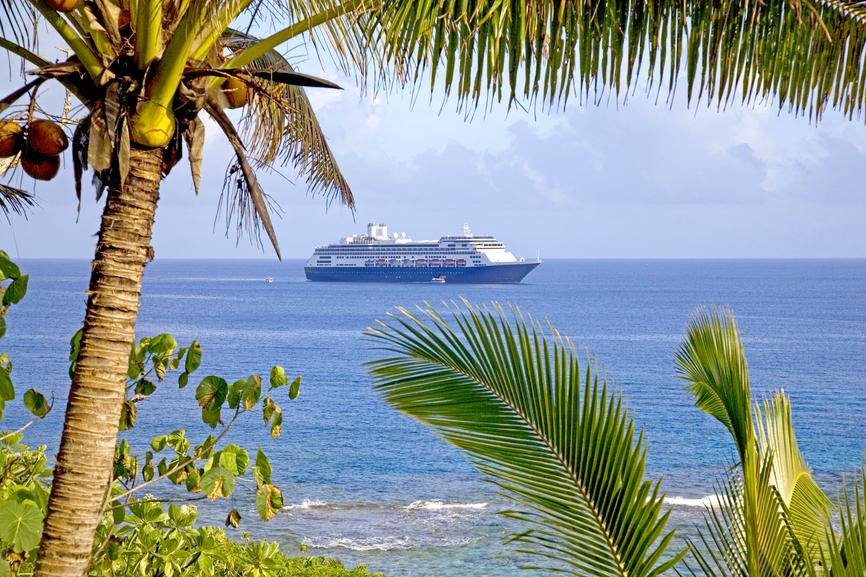 Cruise ship at anchor in the bay off the western coast of Niue.